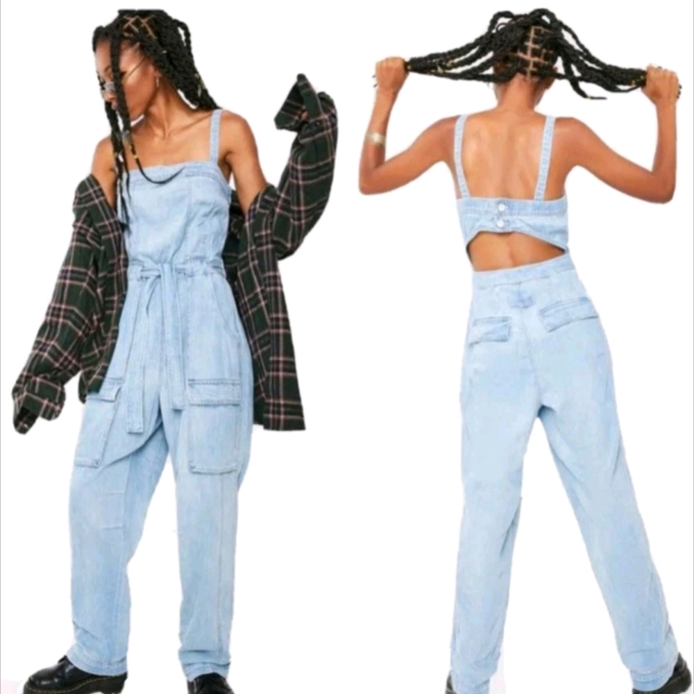 NWT Free People Blue Open Back Cargo Go West Denim Jumpsuit Overalls Large